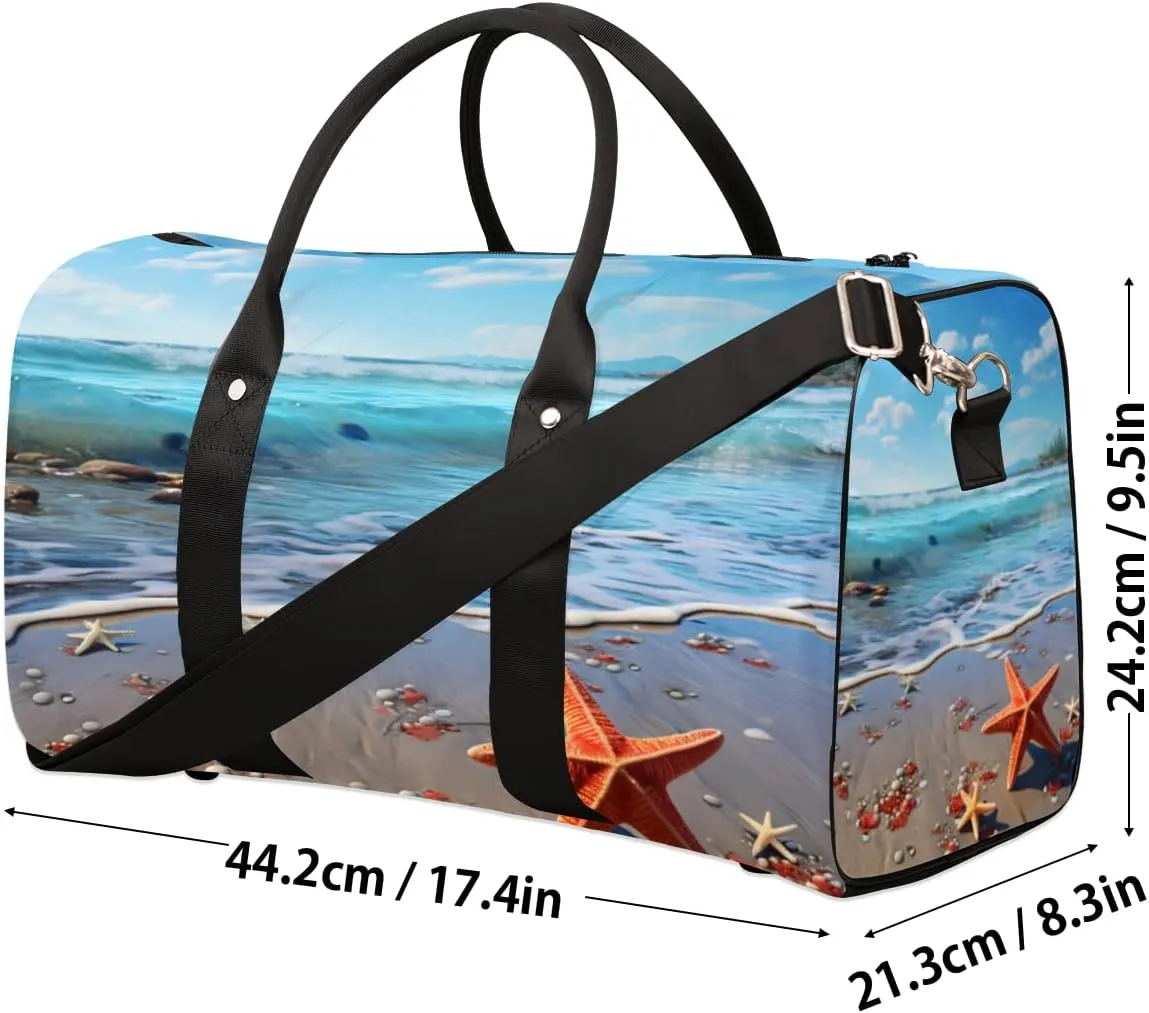 Beach Starfish Travel Duffle Bag for Women Men Gym Duffel Foldable Bag Waterproof Weekender Blue Ocean Duffle Tote