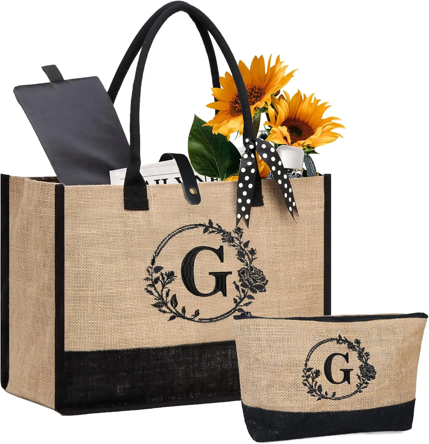 BeeGreen Personalized Tote Bag for Women Initial Jute Tote Bag for Mother Bride Bridesmaid Appreciation Gifts Bag Beach Tote Bag with Magnetic Buckle Embroidery Large BirthdayGifts for Wedding G