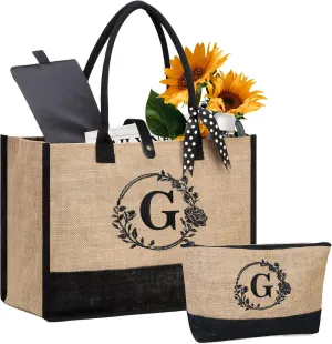 BeeGreen Personalized Tote Bag for Women Initial Jute Tote Bag for Mother Bride Bridesmaid Appreciation Gifts Bag Beach Tote Bag with Magnetic Buckle Embroidery Large BirthdayGifts for Wedding G