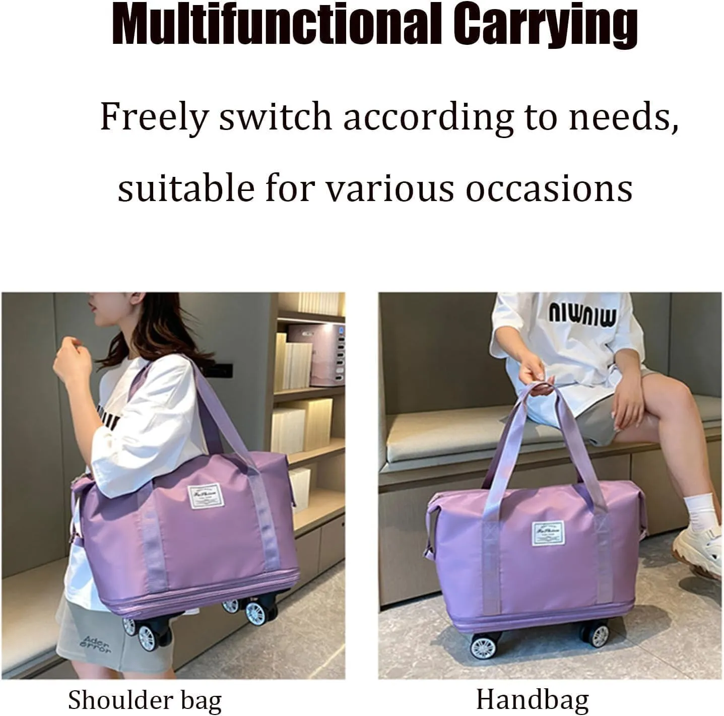 Beente Travel Bag With Wheels, 2025 New Large Capacity Travel Bag, Expandable Foldable Suitcase without Handle, Lightweight Durable Rolling Duffle Bag with Wheels (Pink)