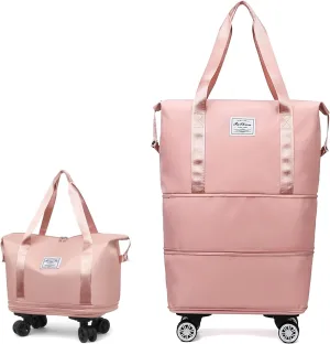 Beente Travel Bag With Wheels, 2025 New Large Capacity Travel Bag, Expandable Foldable Suitcase without Handle, Lightweight Durable Rolling Duffle Bag with Wheels (Pink)