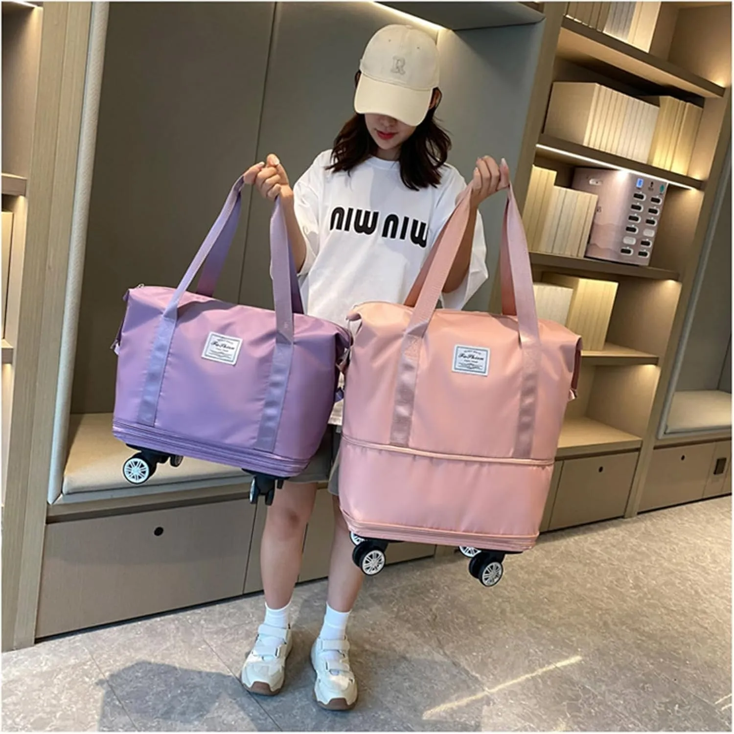 Beente Travel Bag With Wheels, 2025 New Large Capacity Travel Bag, Expandable Foldable Suitcase without Handle, Lightweight Durable Rolling Duffle Bag with Wheels (Pink)