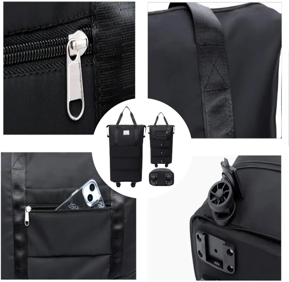 Beente Travel Bag with Wheels, Large Capacity Travel Bag, Waterproof ＆ Thickened Three-Layer Silent Disassembly Wheel (Black)