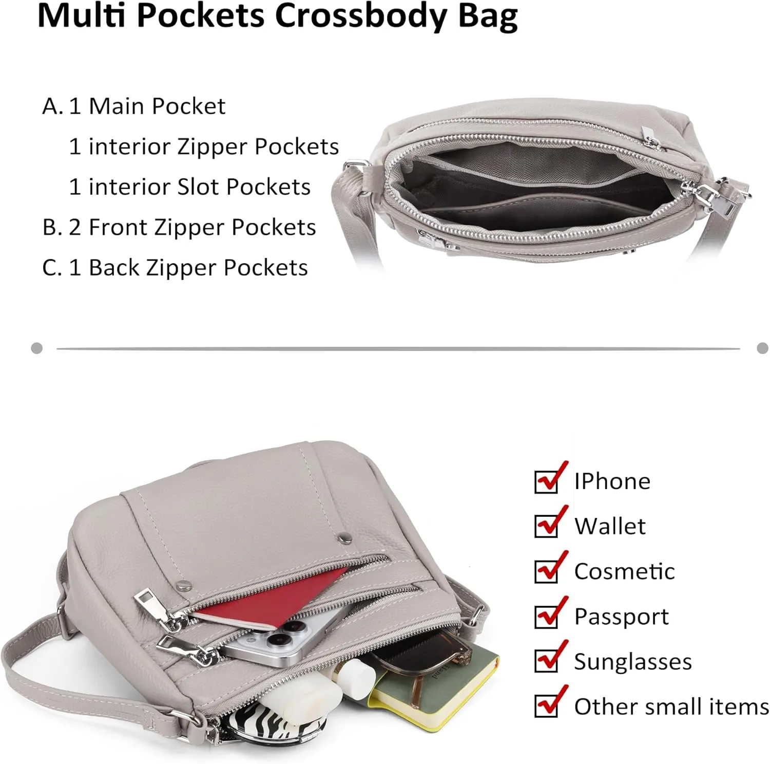 befen Genuine Leather Small Crossbody Bags Purses for Women Pocketbooks Shoulder Bag Satchel Purse with Multi Zipper Pockets