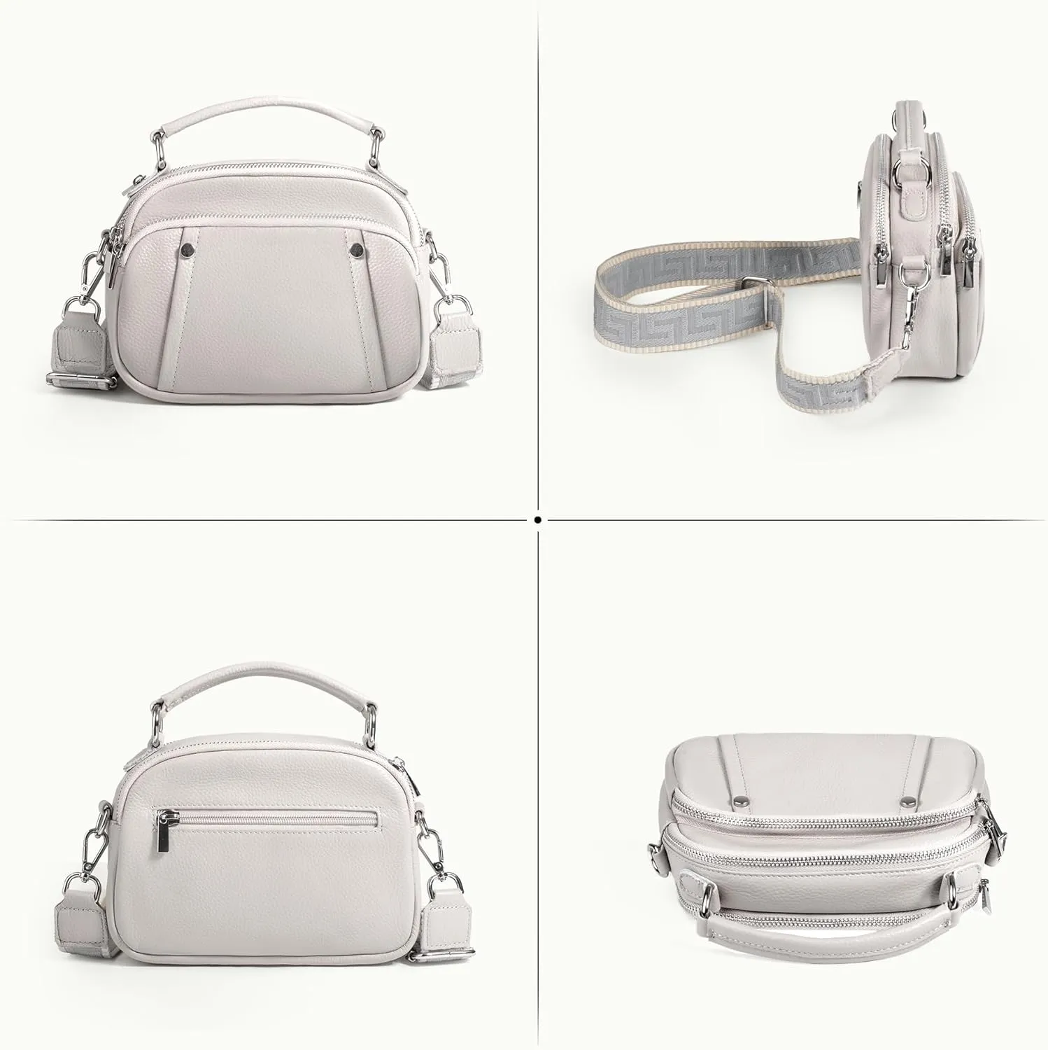 befen Small Genuine Leather Camera Crossbody Bags for Women Triple Zip Cross Body Purses Handbag with Wide Strap