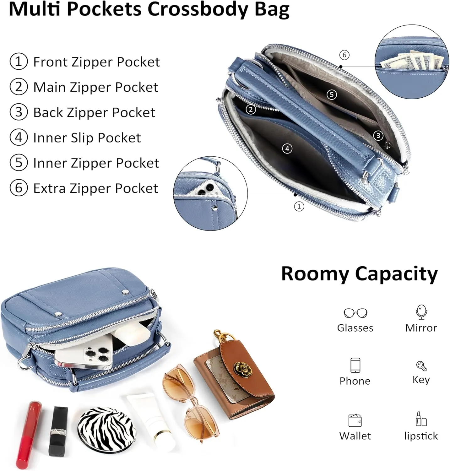 befen Small Genuine Leather Camera Crossbody Bags for Women Triple Zip Cross Body Purses Handbag with Wide Strap