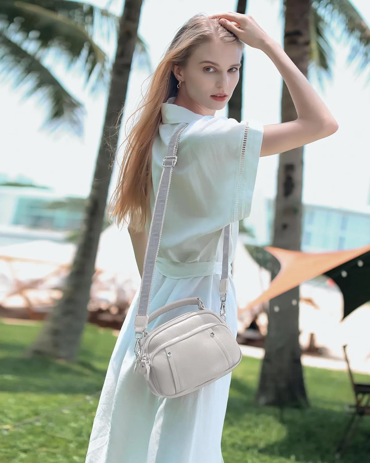 befen Small Genuine Leather Camera Crossbody Bags for Women Triple Zip Cross Body Purses Handbag with Wide Strap
