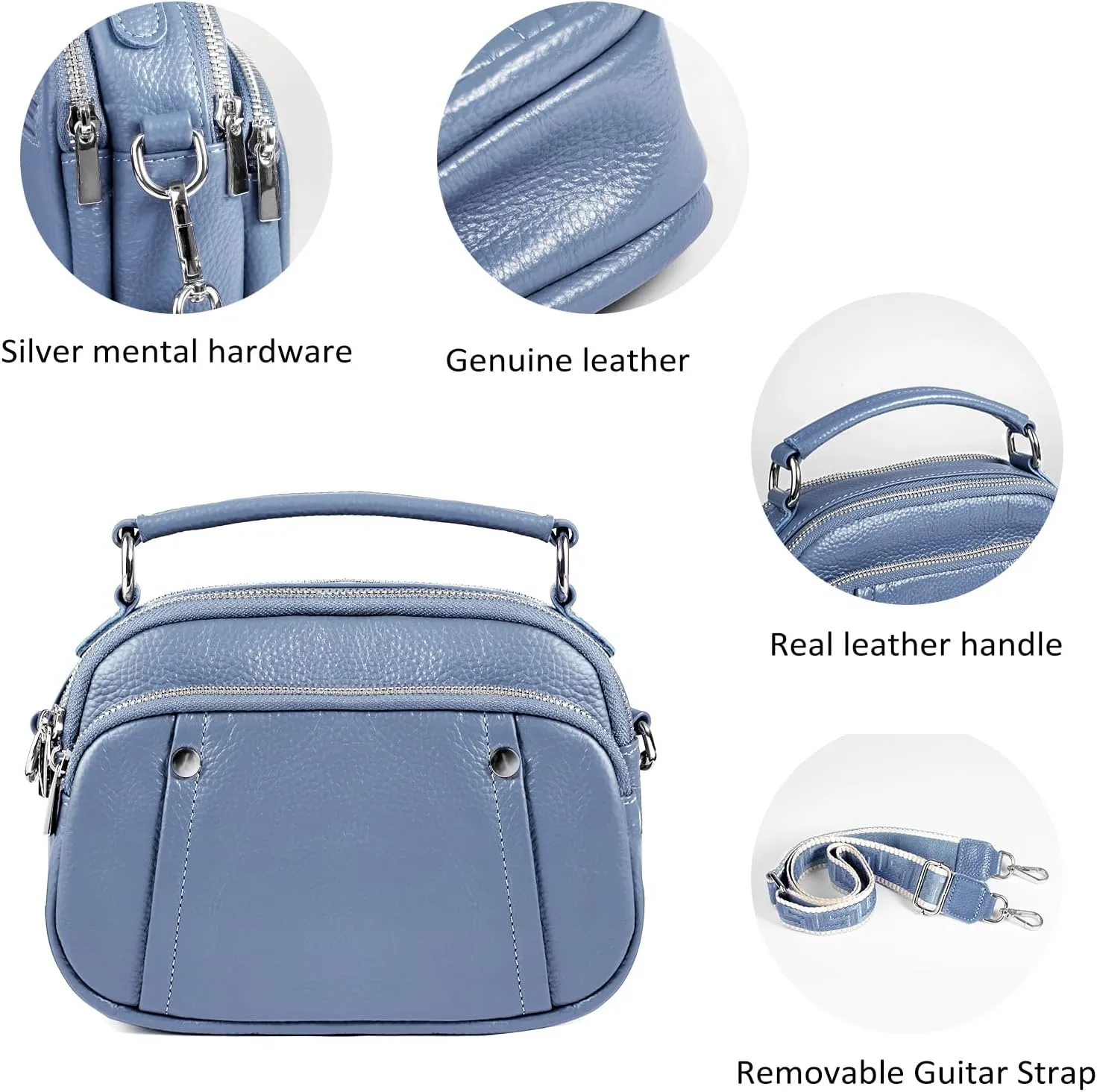 befen Small Genuine Leather Camera Crossbody Bags for Women Triple Zip Cross Body Purses Handbag with Wide Strap