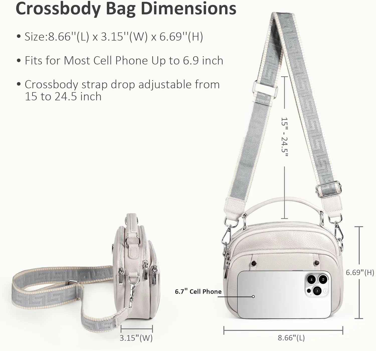 befen Small Genuine Leather Camera Crossbody Bags for Women Triple Zip Cross Body Purses Handbag with Wide Strap