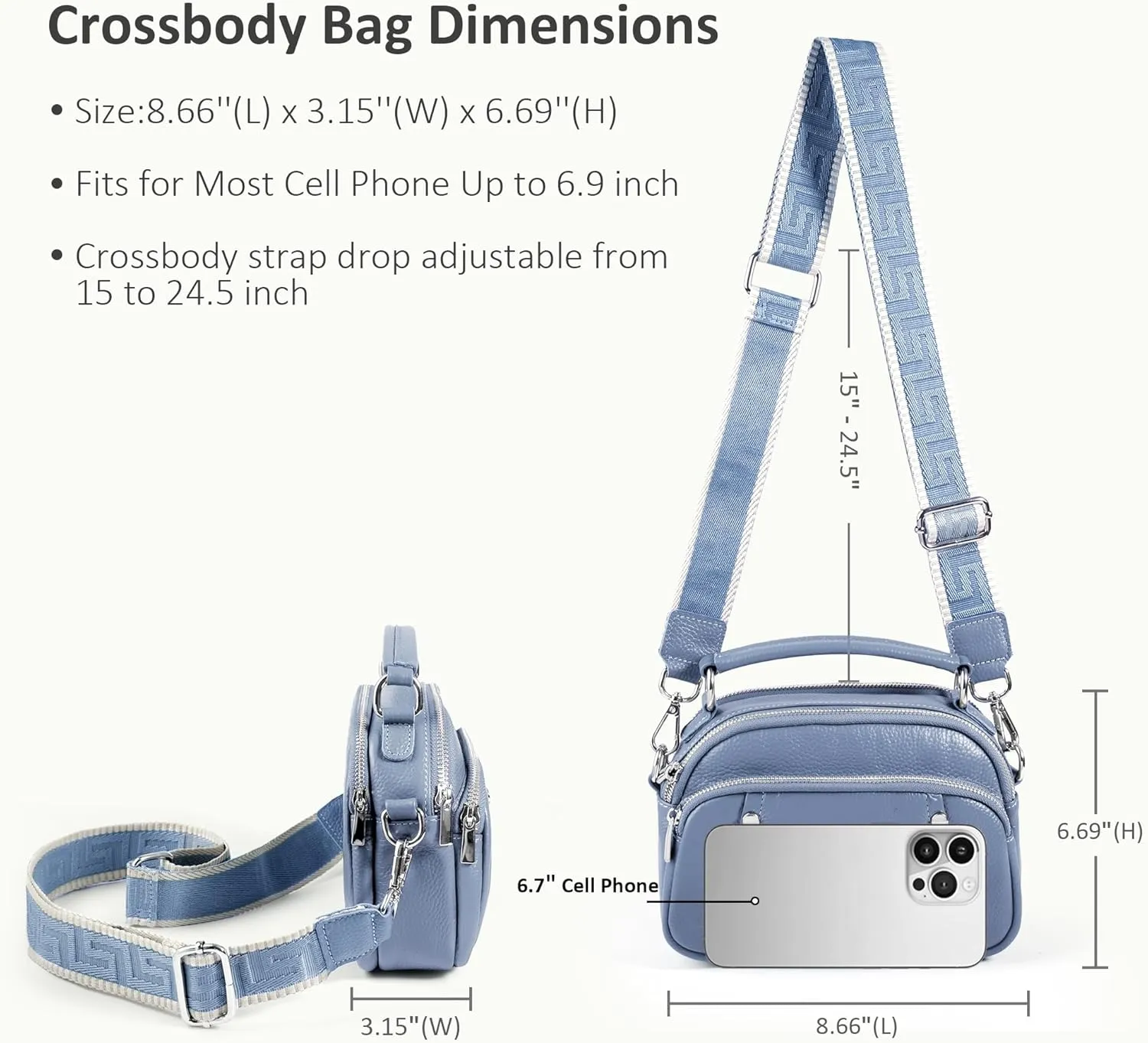 befen Small Genuine Leather Camera Crossbody Bags for Women Triple Zip Cross Body Purses Handbag with Wide Strap