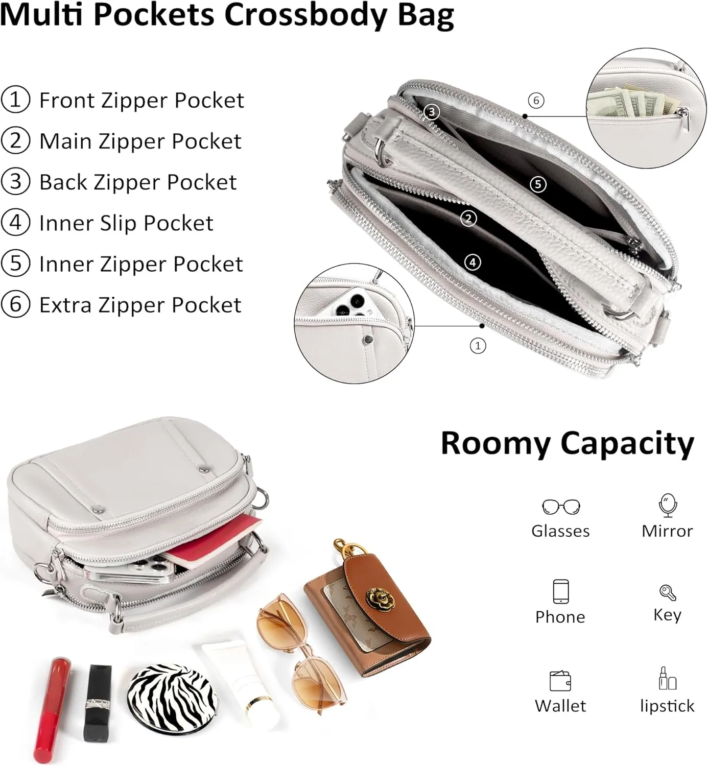 befen Small Genuine Leather Camera Crossbody Bags for Women Triple Zip Cross Body Purses Handbag with Wide Strap
