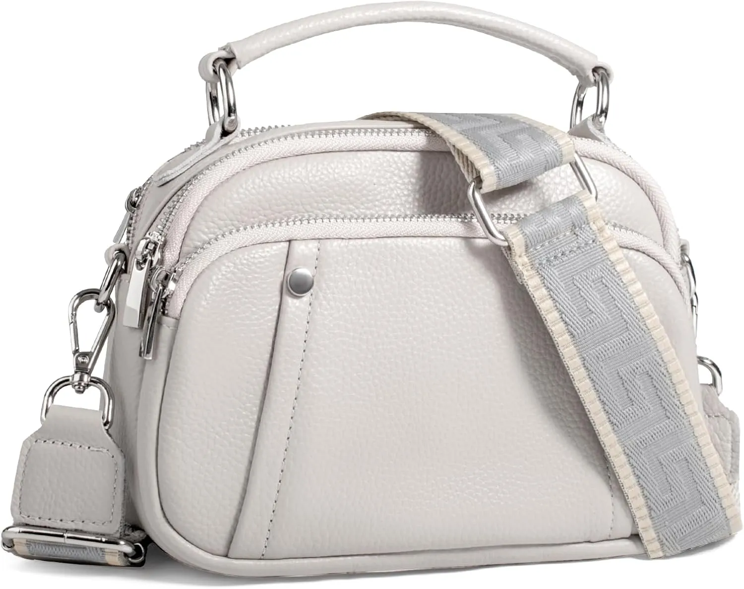 befen Small Genuine Leather Camera Crossbody Bags for Women Triple Zip Cross Body Purses Handbag with Wide Strap