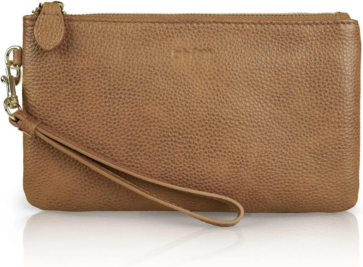 befen Women's Genuine Italian Leather Wristlet Clutch Wallet Purse, Gold Zipper