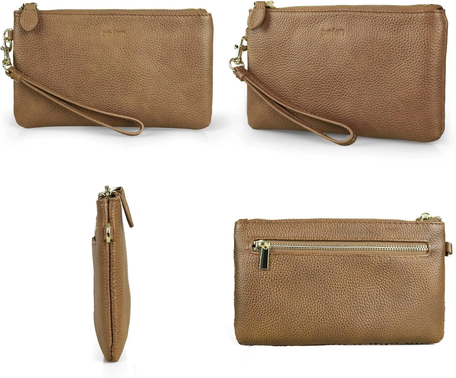befen Women's Genuine Italian Leather Wristlet Clutch Wallet Purse, Gold Zipper