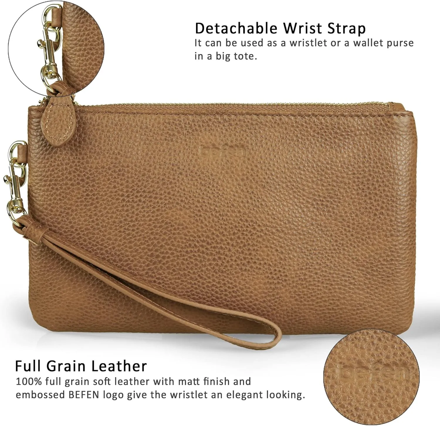 befen Women's Genuine Italian Leather Wristlet Clutch Wallet Purse, Gold Zipper