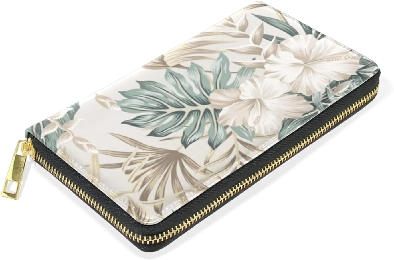 Beige Tropical Hibiscus Flowers Leaves Exotic Jungle Palm Leaves Leather Long Wallet Organizer with Zipper Purse Clutch Bag for Women Men Key Card Coin Passport Checkbook