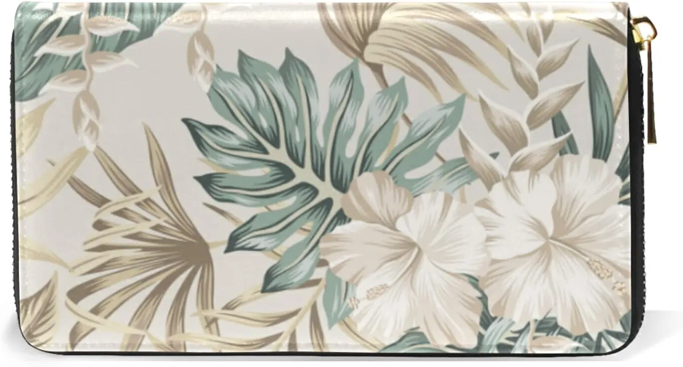 Beige Tropical Hibiscus Flowers Leaves Exotic Jungle Palm Leaves Leather Long Wallet Organizer with Zipper Purse Clutch Bag for Women Men Key Card Coin Passport Checkbook