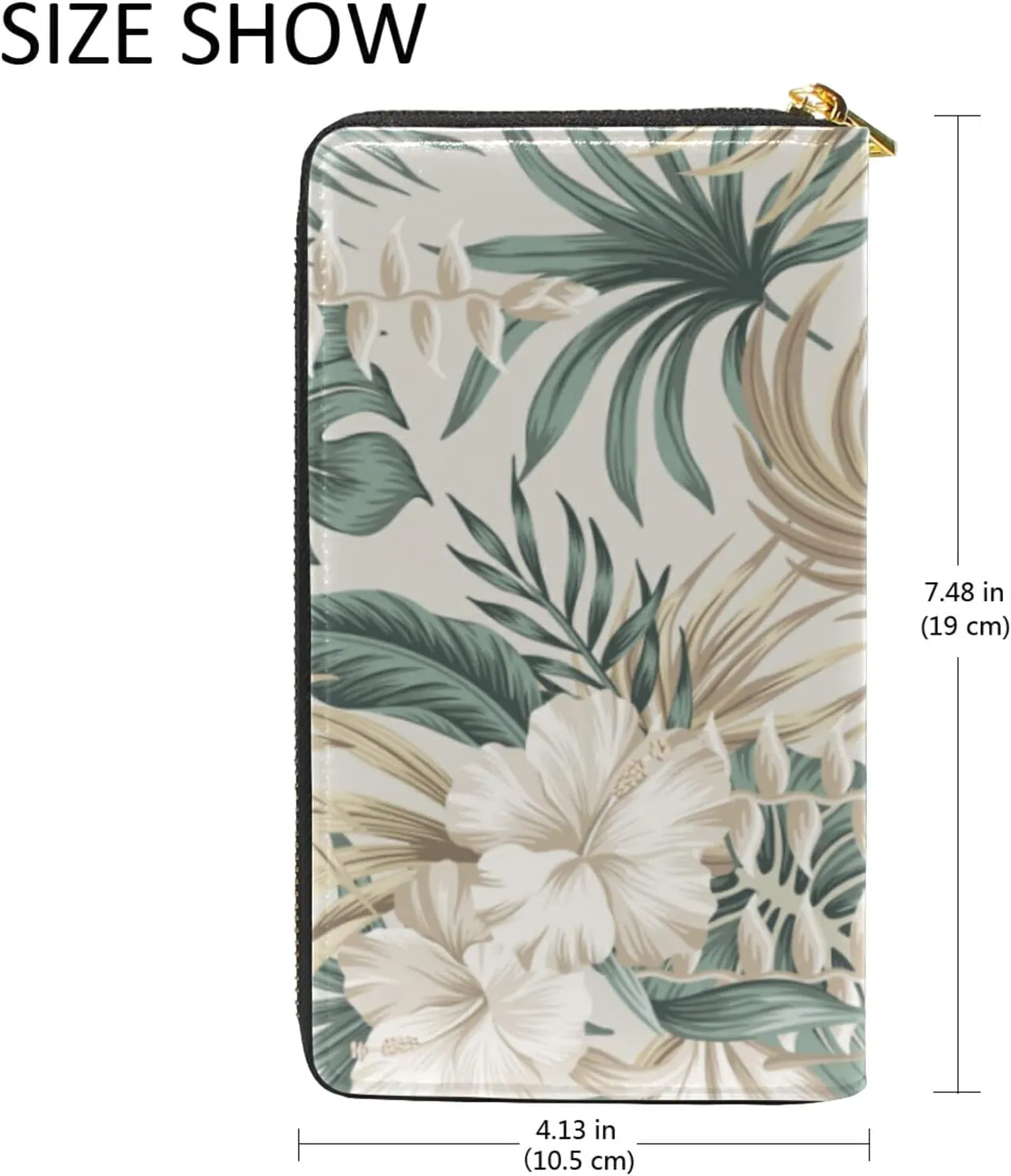 Beige Tropical Hibiscus Flowers Leaves Exotic Jungle Palm Leaves Leather Long Wallet Organizer with Zipper Purse Clutch Bag for Women Men Key Card Coin Passport Checkbook