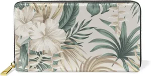 Beige Tropical Hibiscus Flowers Leaves Exotic Jungle Palm Leaves Leather Long Wallet Organizer with Zipper Purse Clutch Bag for Women Men Key Card Coin Passport Checkbook