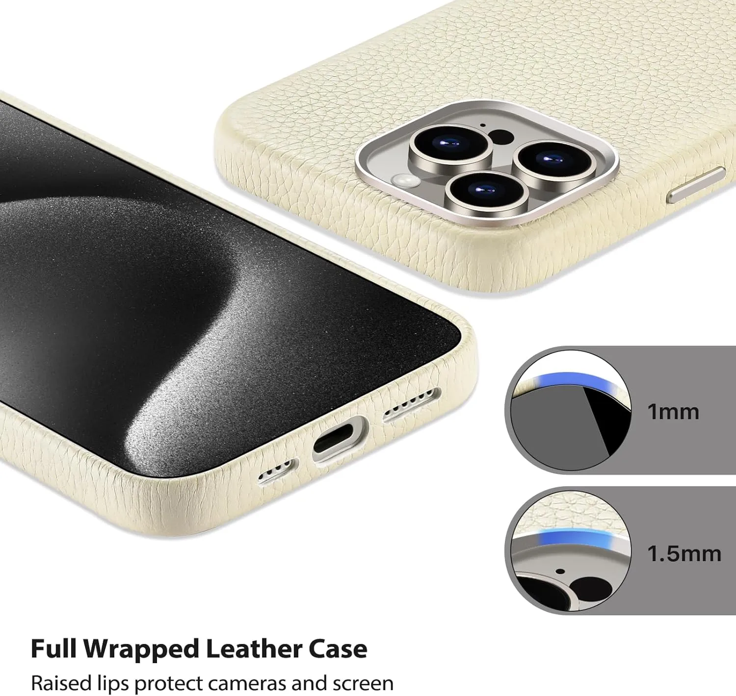 Belemay Compatible with iPhone 16 Pro Max Leather Case - MagSafe Compatible - [Premium Pebbled Leather] Metal Buttons & Camera Bezel - Slim Fit - Luxury Phone Cover (6.9-inch) - Cream White