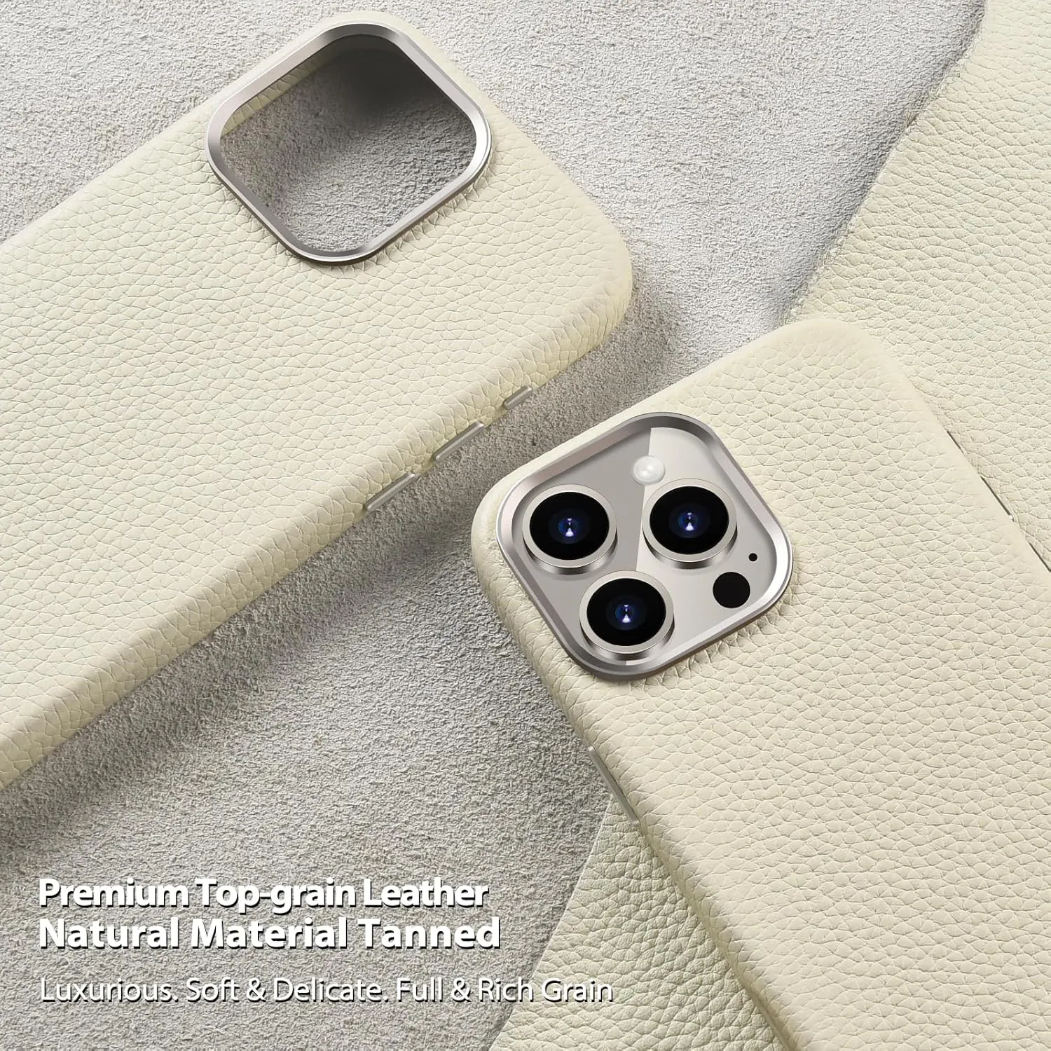 Belemay Compatible with iPhone 16 Pro Max Leather Case - MagSafe Compatible - [Premium Pebbled Leather] Metal Buttons & Camera Bezel - Slim Fit - Luxury Phone Cover (6.9-inch) - Cream White