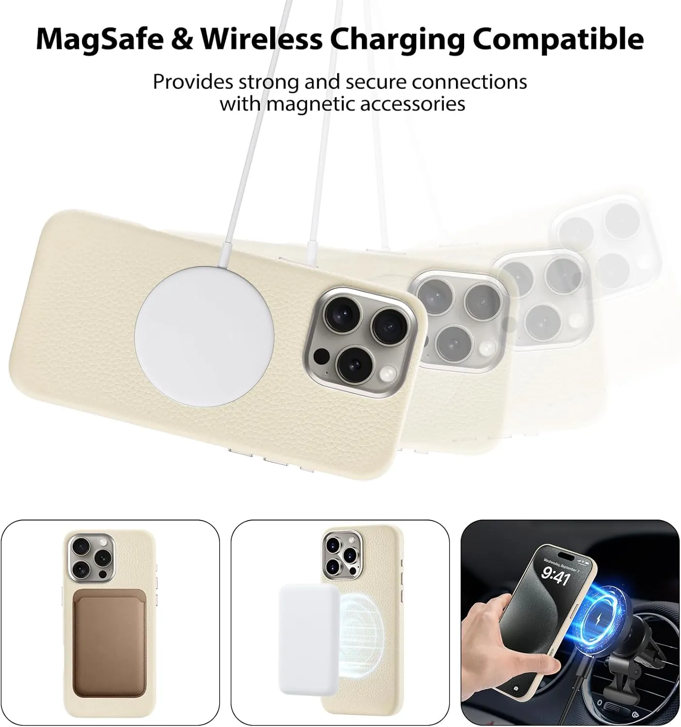 Belemay Compatible with iPhone 16 Pro Max Leather Case - MagSafe Compatible - [Premium Pebbled Leather] Metal Buttons & Camera Bezel - Slim Fit - Luxury Phone Cover (6.9-inch) - Cream White