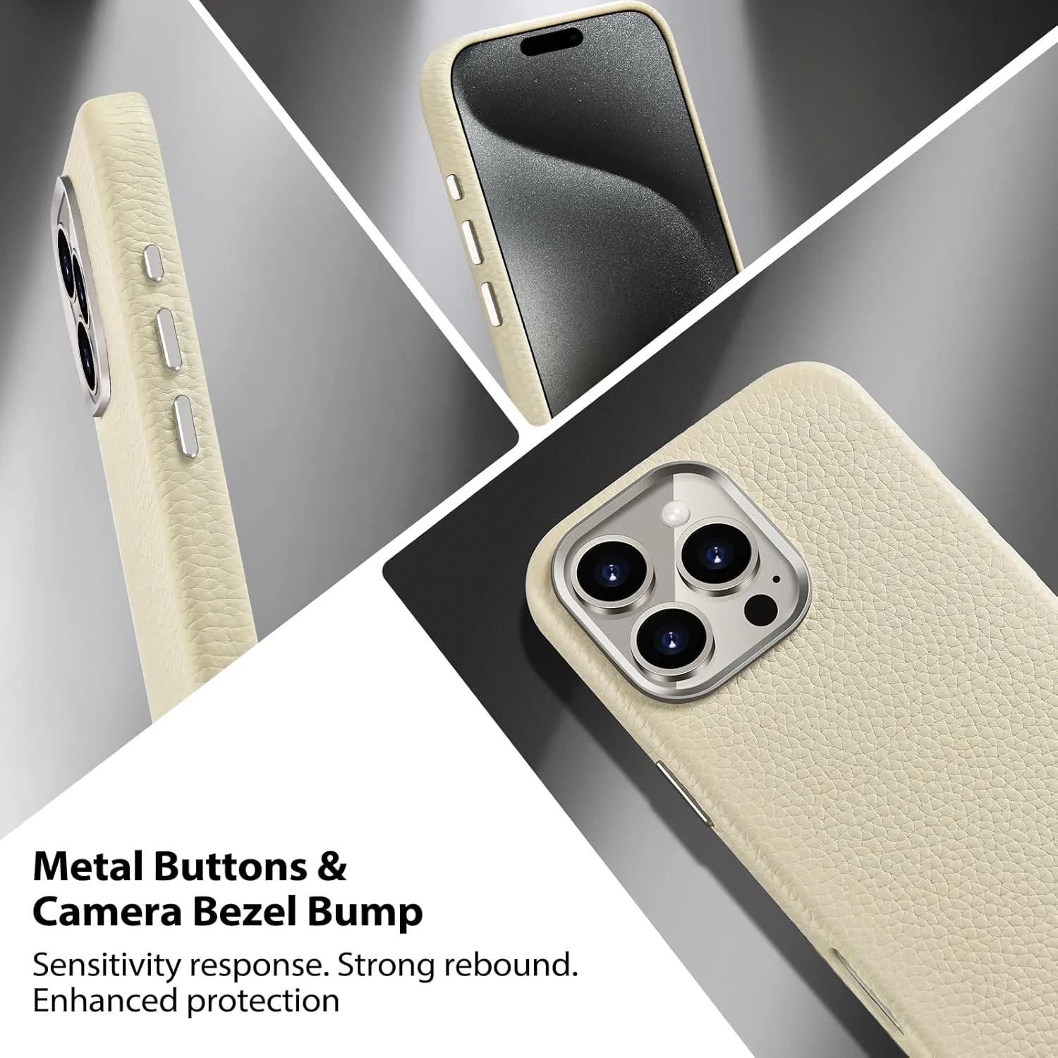 Belemay Compatible with iPhone 16 Pro Max Leather Case - MagSafe Compatible - [Premium Pebbled Leather] Metal Buttons & Camera Bezel - Slim Fit - Luxury Phone Cover (6.9-inch) - Cream White