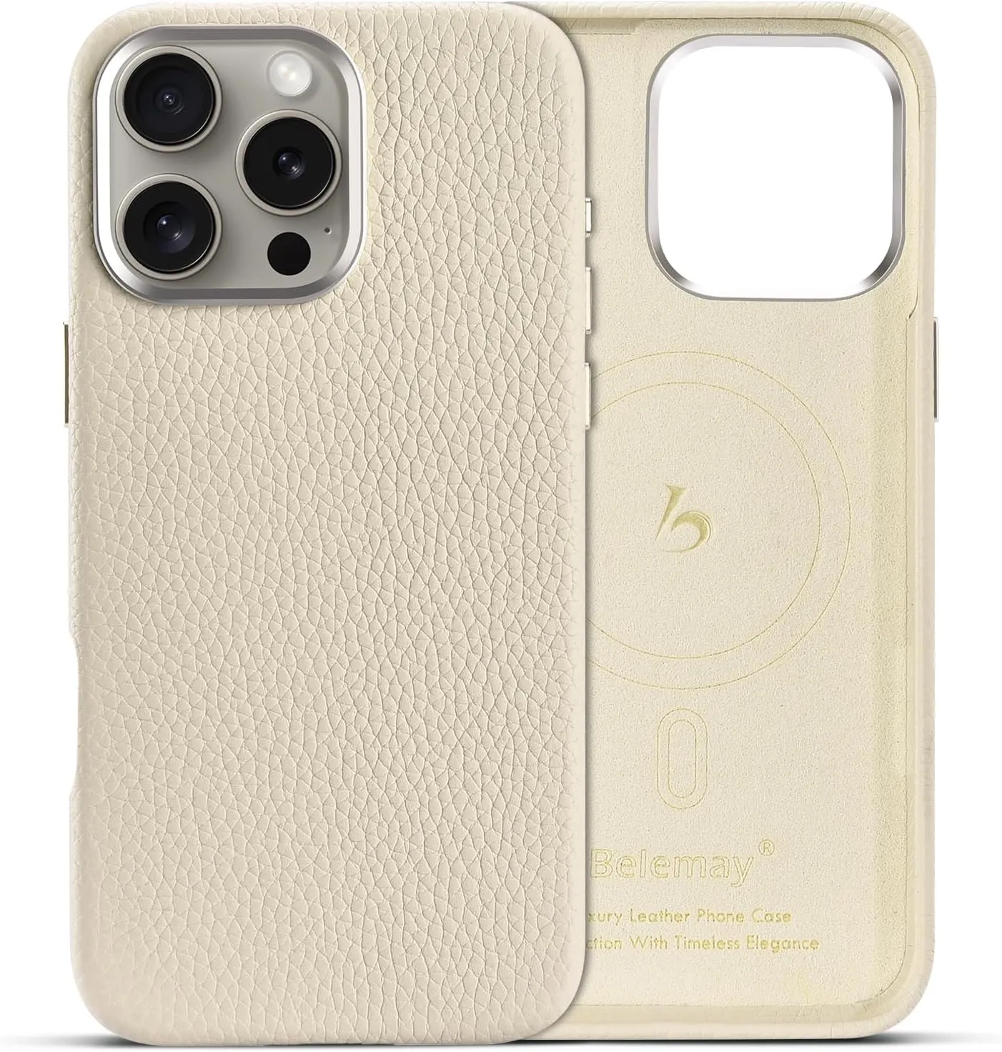 Belemay Compatible with iPhone 16 Pro Max Leather Case - MagSafe Compatible - [Premium Pebbled Leather] Metal Buttons & Camera Bezel - Slim Fit - Luxury Phone Cover (6.9-inch) - Cream White
