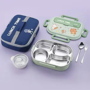 Bento box for kids/adults, 304 Stainless steel insulated 4 compartments lunch box with Soup Bowl, Thermal bag, Spoon and folk, Leak proof, Microwavable, Dishwasher safe, 5 colors (Green)