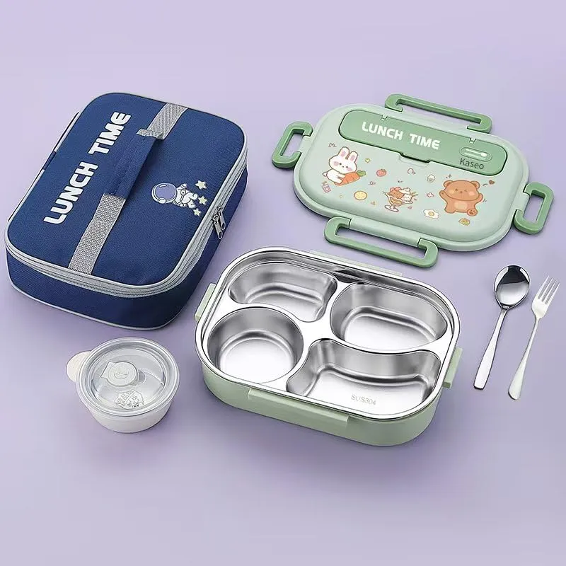 Bento box for kids/adults, 304 Stainless steel insulated 4 compartments lunch box with Soup Bowl, Thermal bag, Spoon and folk, Leak proof, Microwavable, Dishwasher safe, 5 colors (Green)