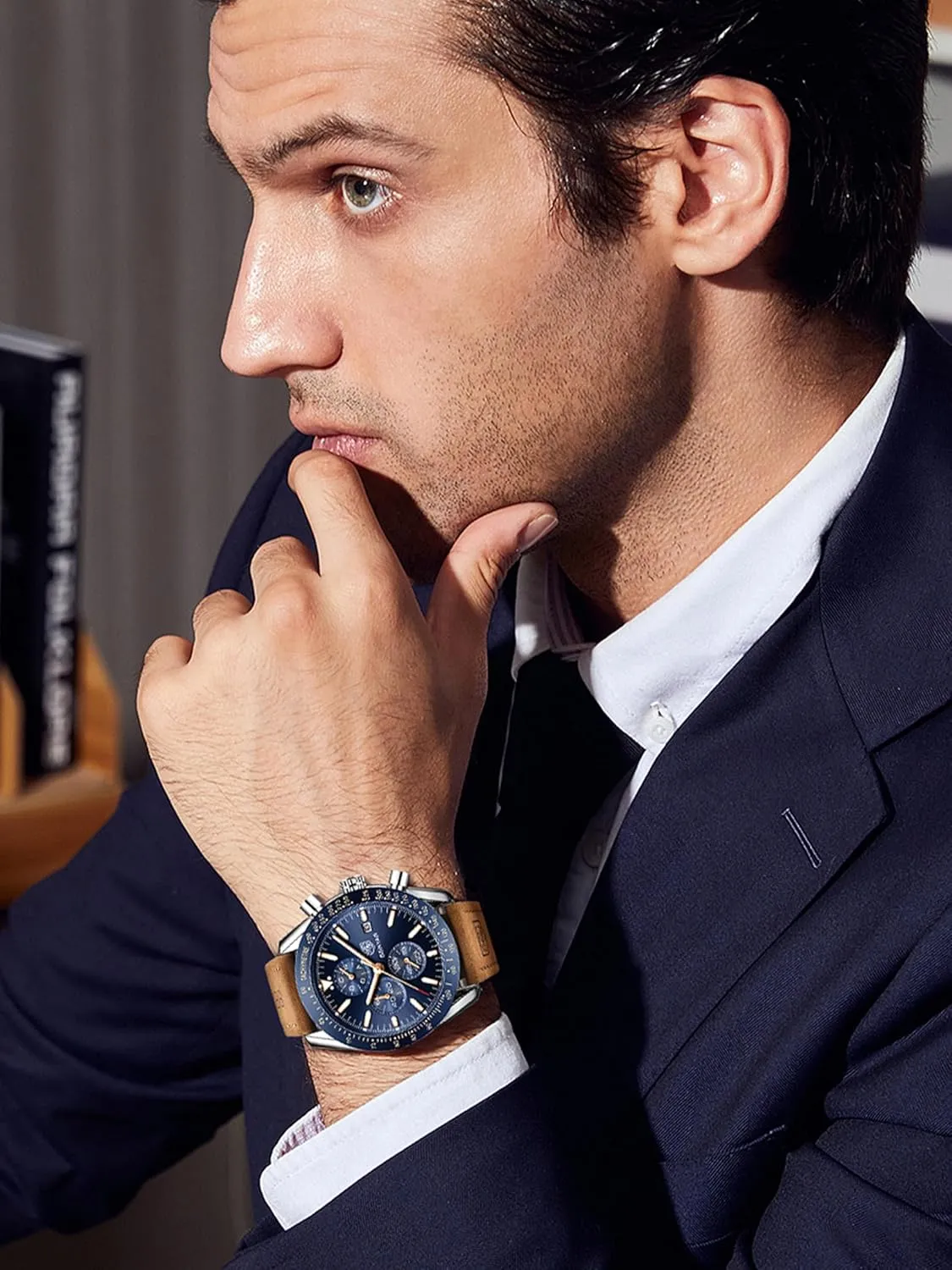 BENYAR Mens Watches Quartz Movement Chronograph Leather Strap Fashion Business Sport Design 30M Waterproof Scratch Resistant Elegant Gifts for Men