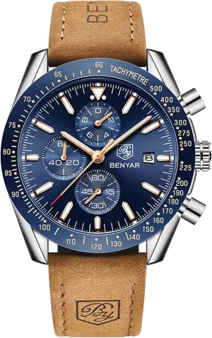 BENYAR Mens Watches Quartz Movement Chronograph Leather Strap Fashion Business Sport Design 30M Waterproof Scratch Resistant Elegant Gifts for Men