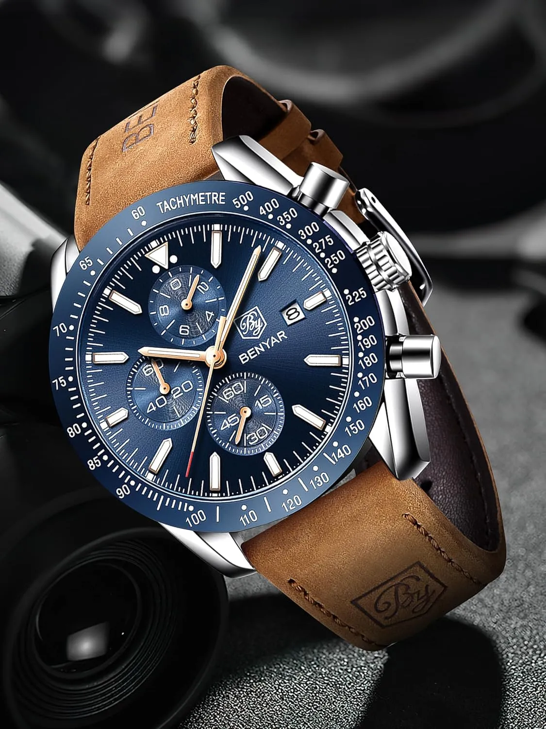 BENYAR Mens Watches Quartz Movement Chronograph Leather Strap Fashion Business Sport Design 30M Waterproof Scratch Resistant Elegant Gifts for Men