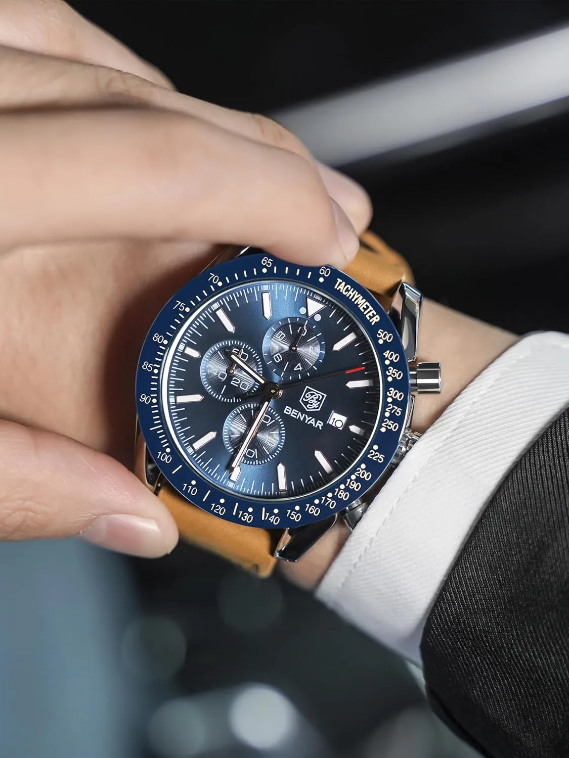BENYAR Mens Watches Quartz Movement Chronograph Leather Strap Fashion Business Sport Design 30M Waterproof Scratch Resistant Elegant Gifts for Men