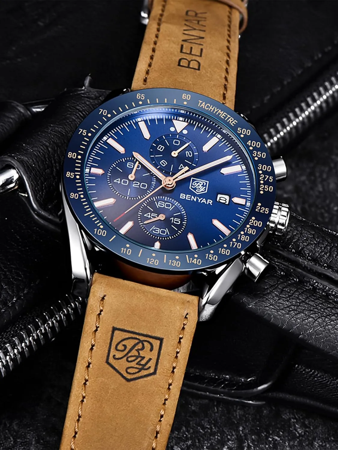 BENYAR Mens Watches Quartz Movement Chronograph Leather Strap Fashion Business Sport Design 30M Waterproof Scratch Resistant Elegant Gifts for Men