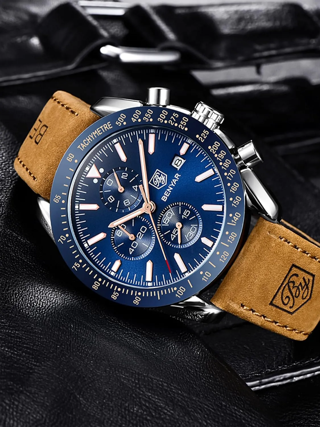 BENYAR Mens Watches Quartz Movement Chronograph Leather Strap Fashion Business Sport Design 30M Waterproof Scratch Resistant Elegant Gifts for Men