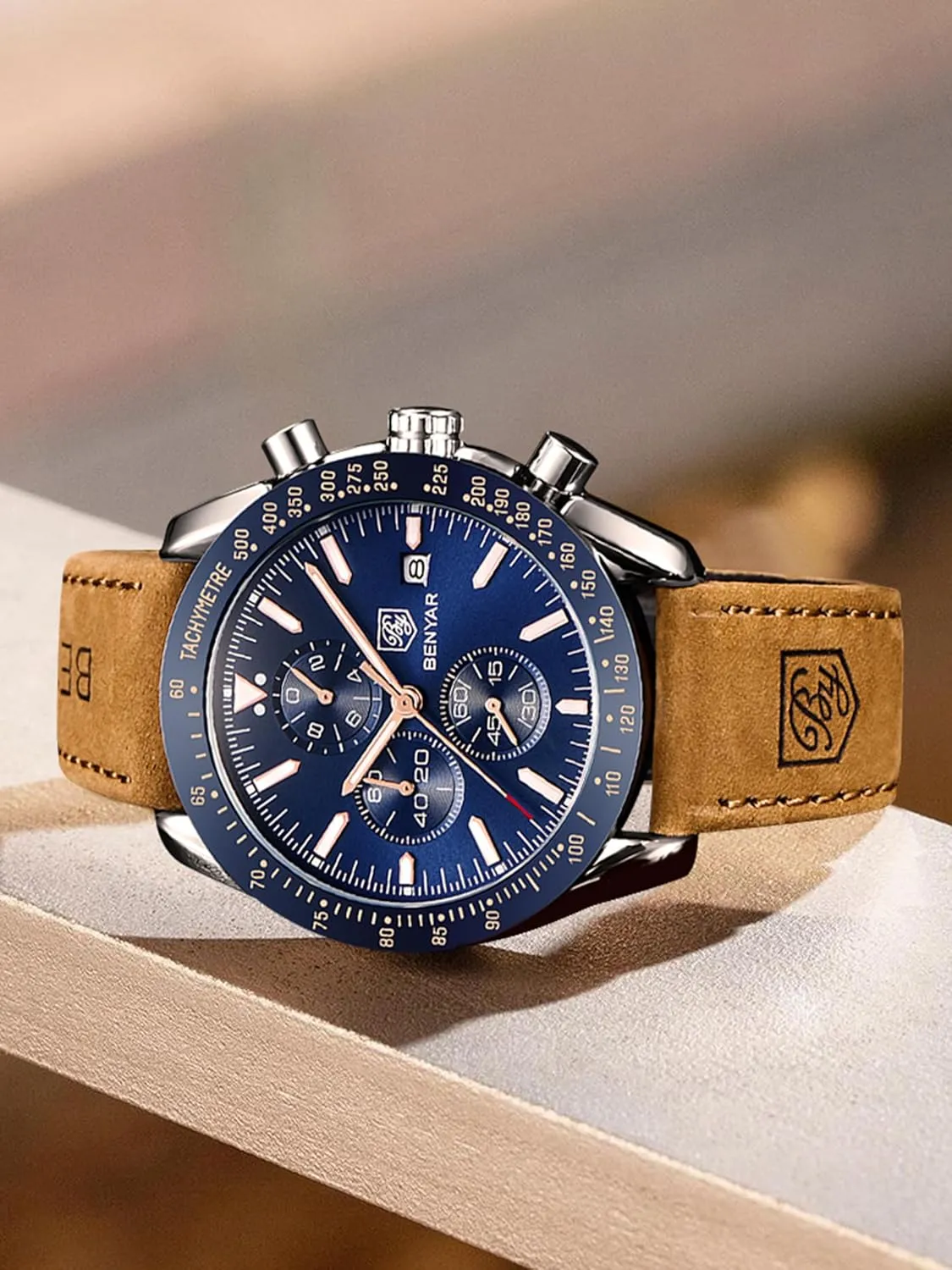 BENYAR Mens Watches Quartz Movement Chronograph Leather Strap Fashion Business Sport Design 30M Waterproof Scratch Resistant Elegant Gifts for Men