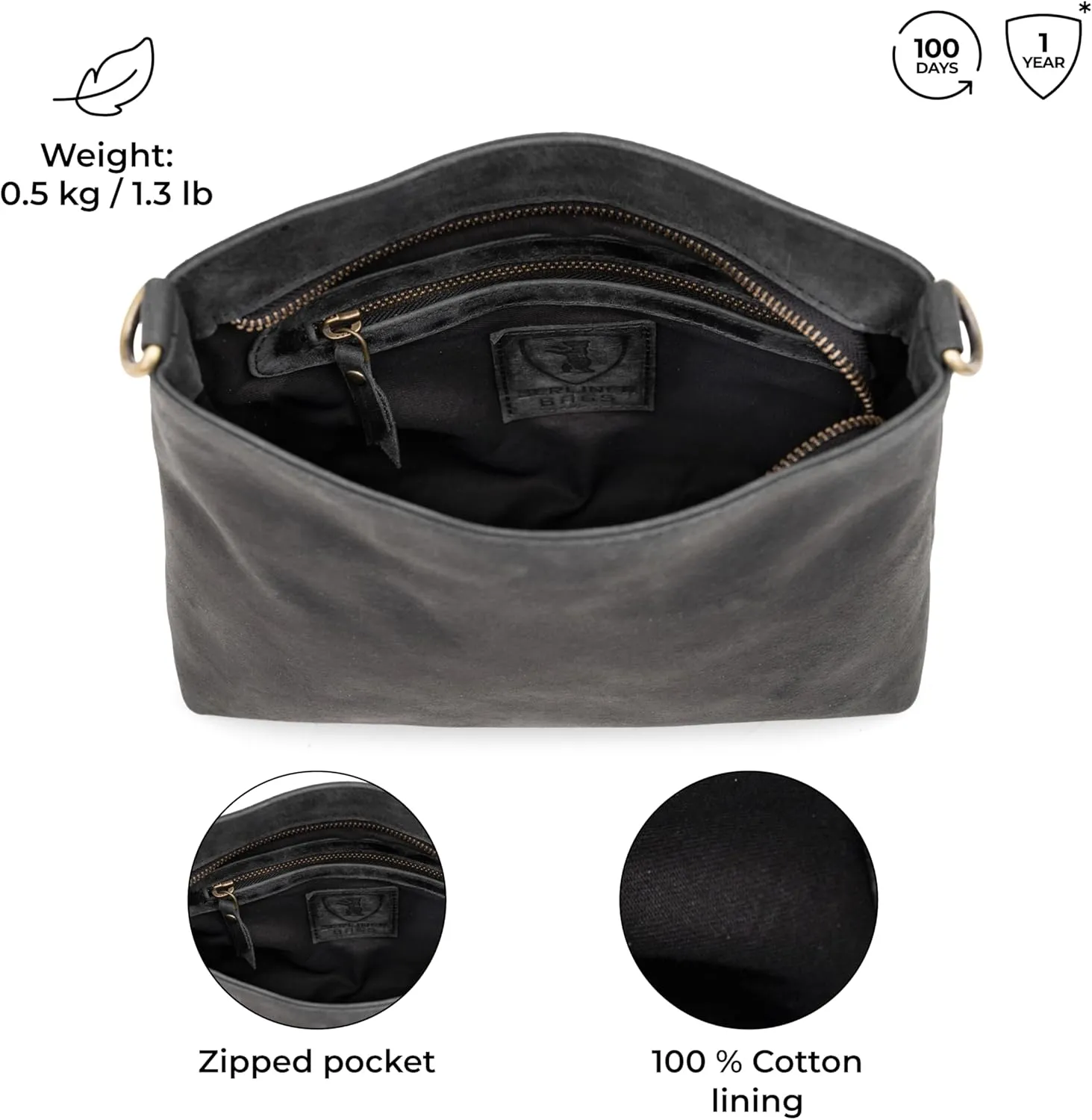 BERLINER BAGS Vintage Genuine Leather Shoulder Bag Marbella, Crossbody Purse for Women, Satchel Bag
