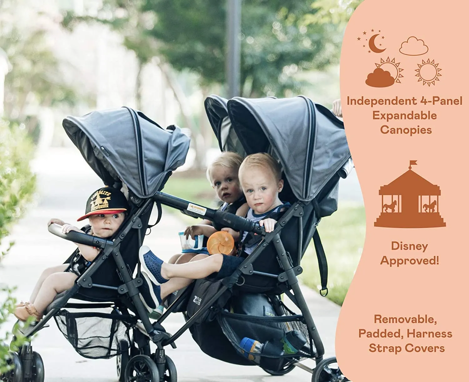 Best Triple Stroller – Everyday Triplet Stroller with Umbrella – Tandem Capable – UPF 50 