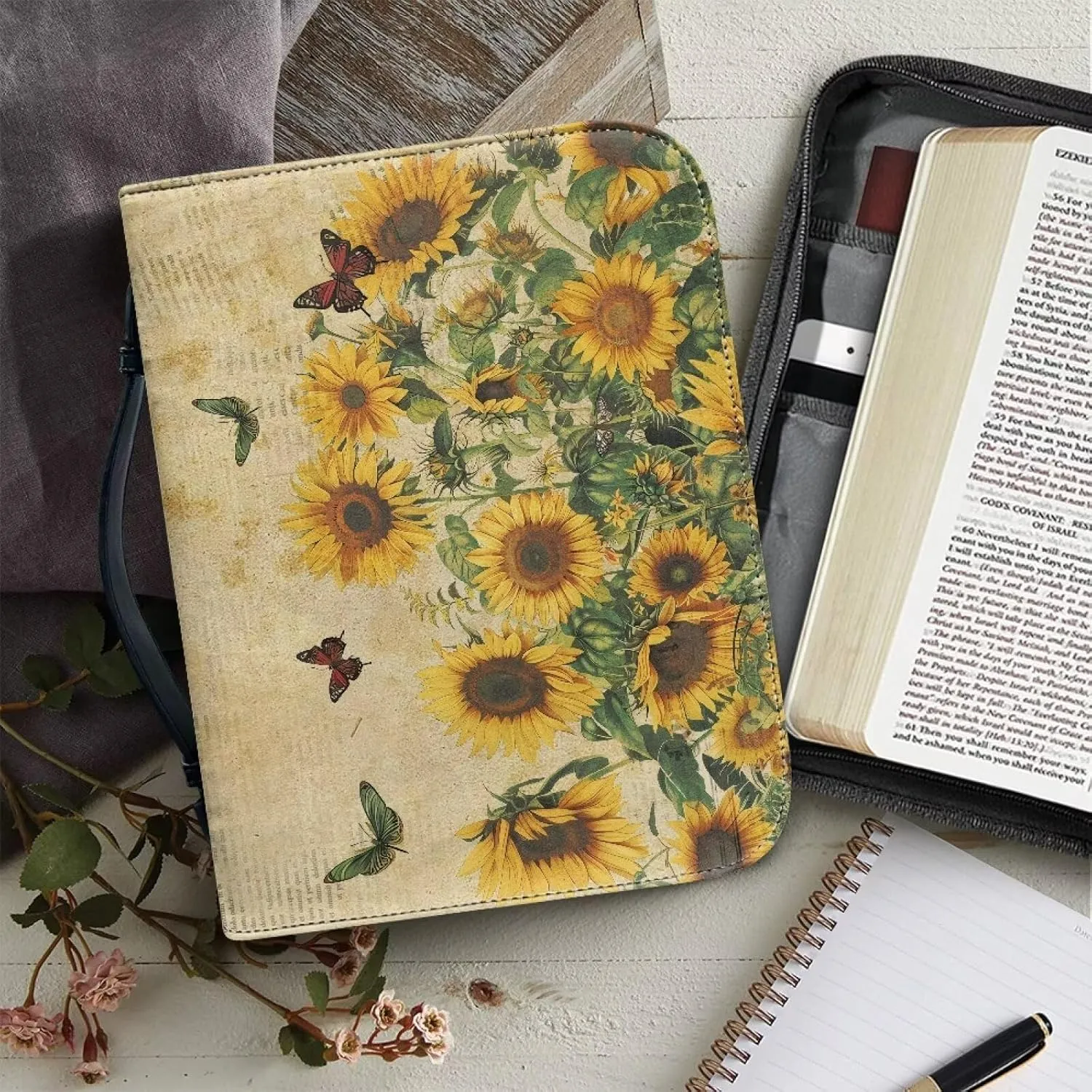 Bible Cover Case, Butterfly Bible Accessories Portable Bible Protector Journal Organizer with Multi Pockets Large Capacity Bible Handy Bag with Pen Slot Design for Church Activities