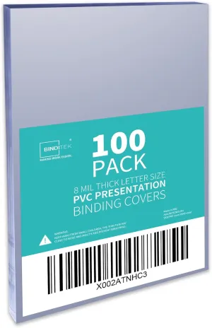 Binditek 100 Pack 8mil PVC Clear Binding Presentation Covers, Letter Size, 8.5 x 11 Inches, Square Corners, Un-Punched, Office Supplies
