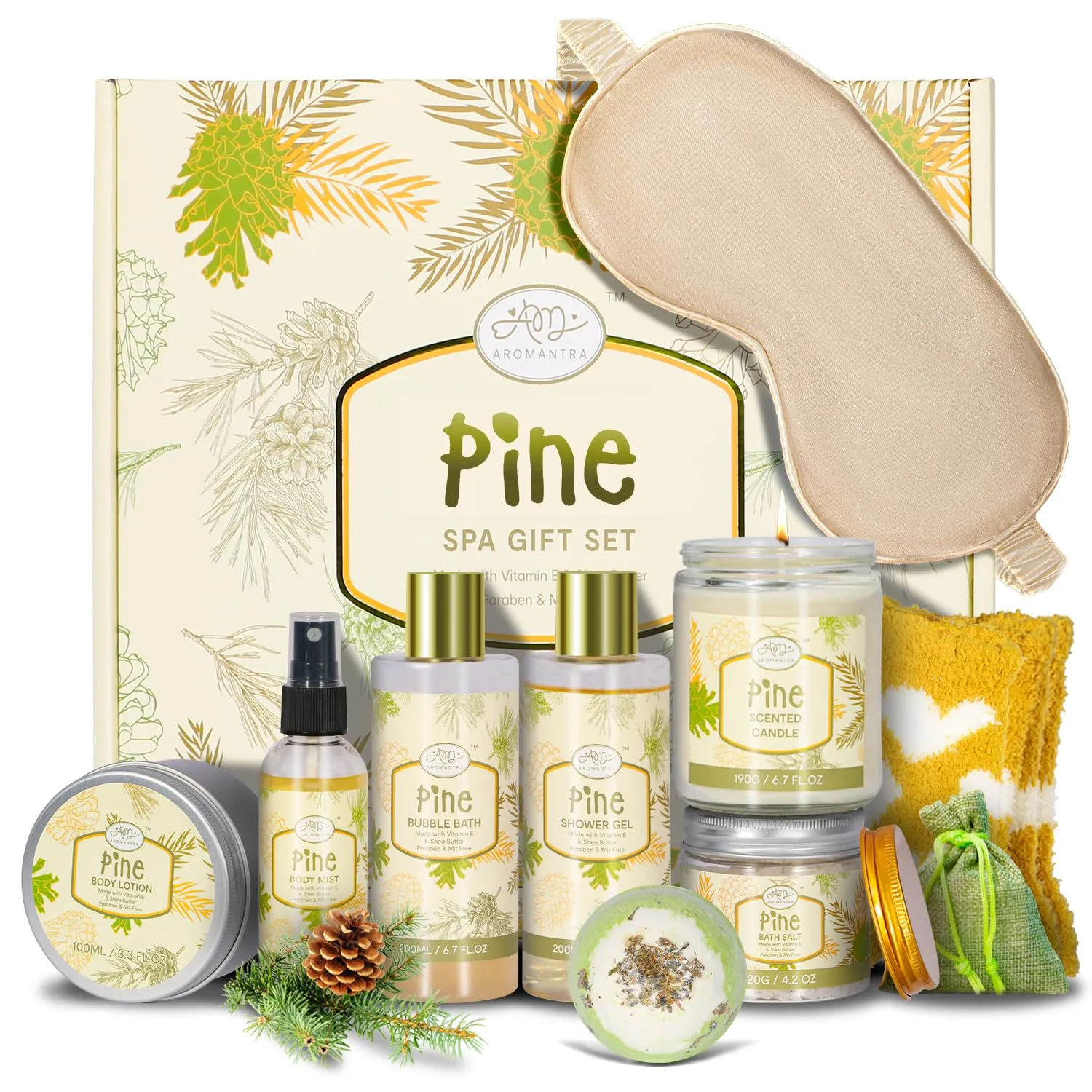 Birthday Gifts for Women, Bath Gift Baskets for Women, Get Well Soon Gifts, Pine Scented Relaxing Spa Care Package w/Bubble Bath, Bath Salt Spa Essential, Christmas, Valentine'S Day, Mothers Day