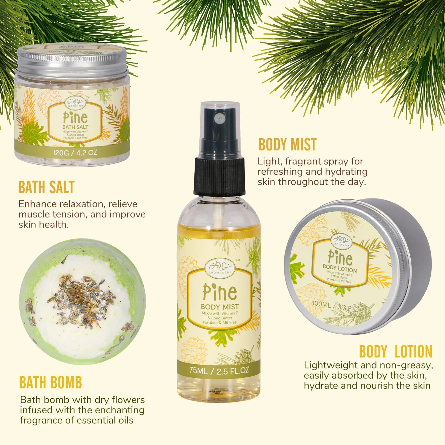 Birthday Gifts for Women, Bath Gift Baskets for Women, Get Well Soon Gifts, Pine Scented Relaxing Spa Care Package w/Bubble Bath, Bath Salt Spa Essential, Christmas, Valentine'S Day, Mothers Day