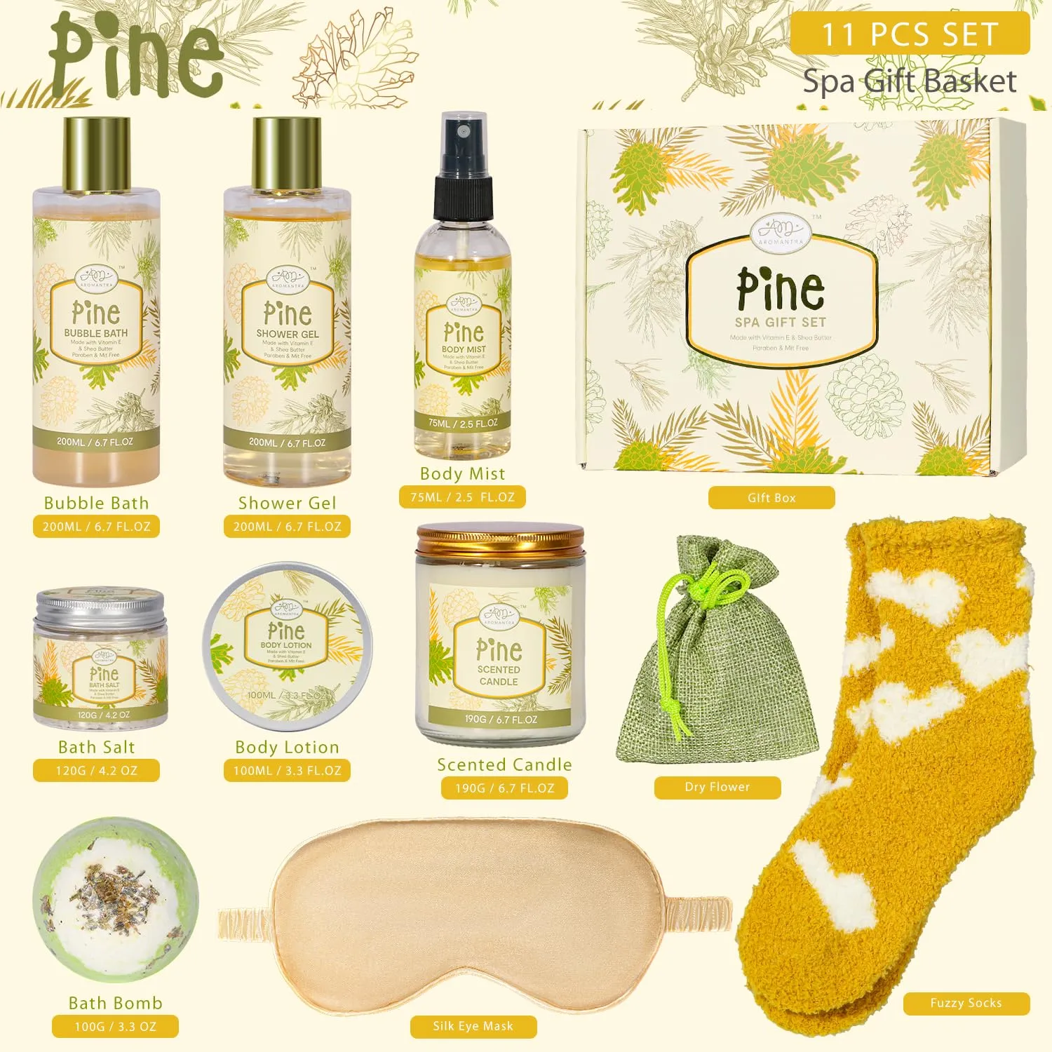 Birthday Gifts for Women, Bath Gift Baskets for Women, Get Well Soon Gifts, Pine Scented Relaxing Spa Care Package w/Bubble Bath, Bath Salt Spa Essential, Christmas, Valentine'S Day, Mothers Day