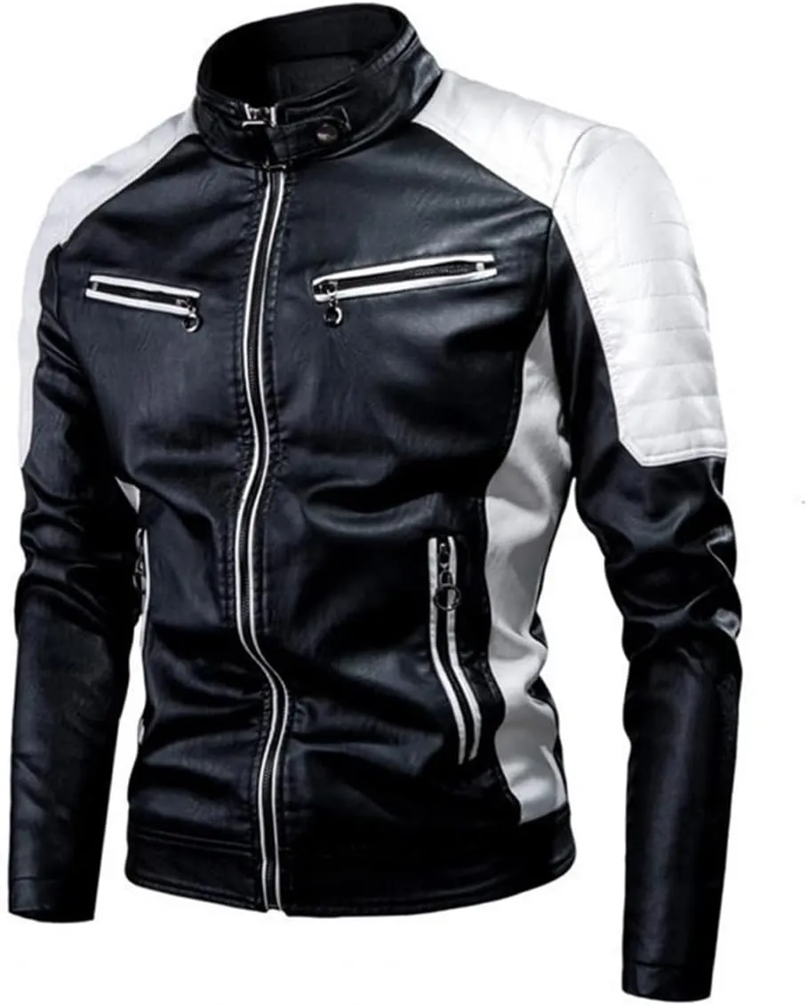 Black Biker PU Café Racer Contrast Color Black white Stand Collar Zip-Up Smooth Slim Fit Splice Spring And Autumn Jacket