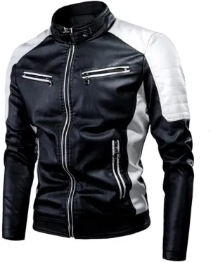 Black Biker PU Café Racer Contrast Color Black white Stand Collar Zip-Up Smooth Slim Fit Splice Spring And Autumn Jacket