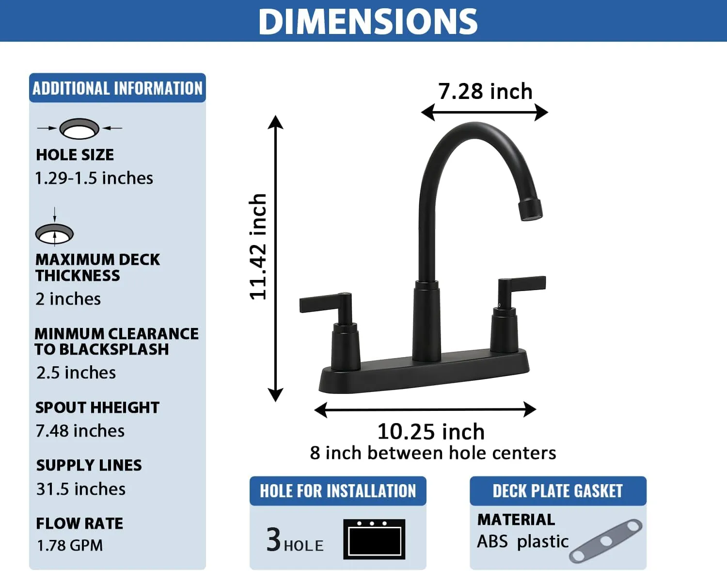 Black Kitchen Faucet,Stainless Steel Kitchen Sink Faucet, 2 Hole or 3 Hole Faucet for Kitchen Sink, Commercial RV Laundry Utility Kitchen Faucet KMF023B-W