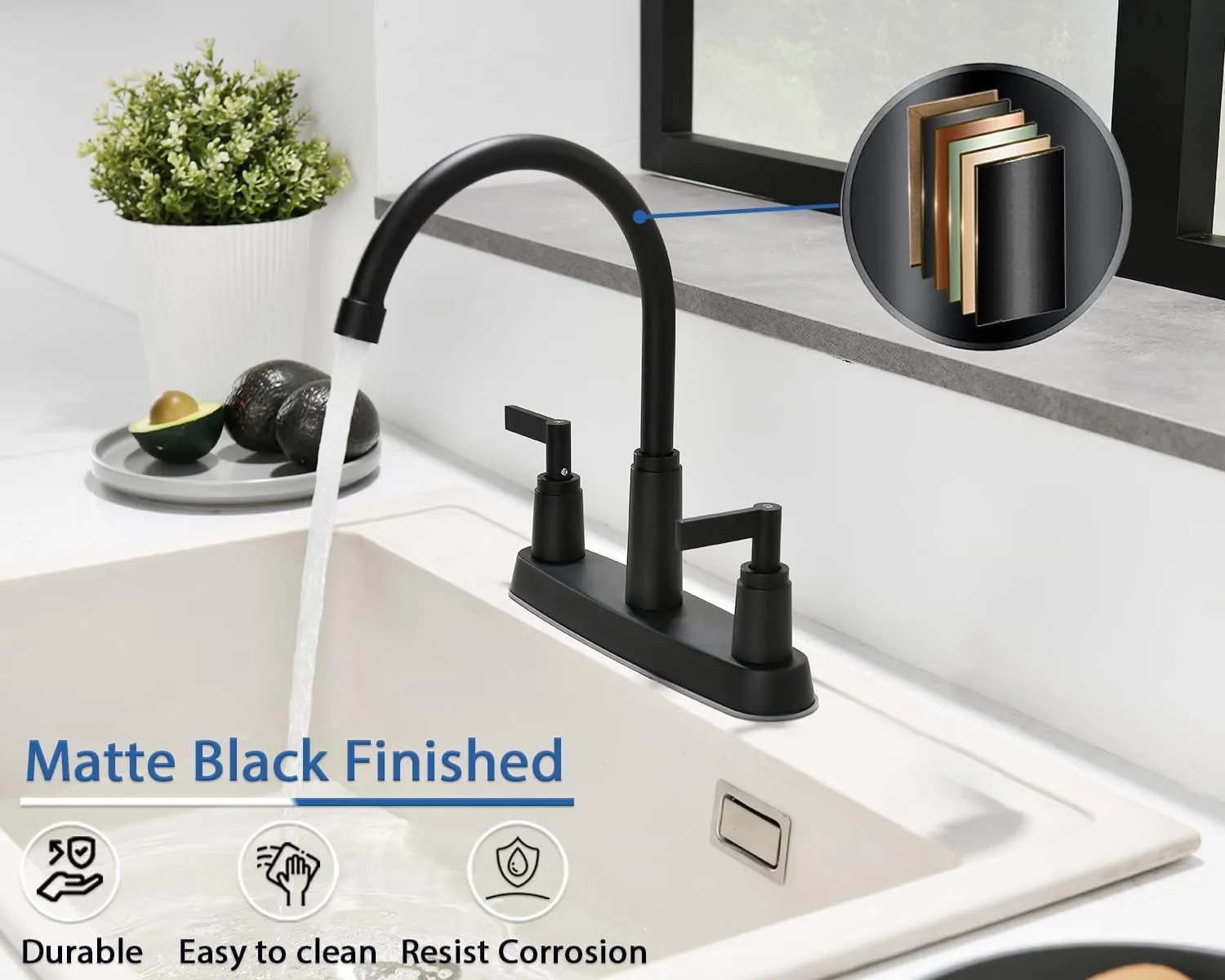Black Kitchen Faucet,Stainless Steel Kitchen Sink Faucet, 2 Hole or 3 Hole Faucet for Kitchen Sink, Commercial RV Laundry Utility Kitchen Faucet KMF023B-W