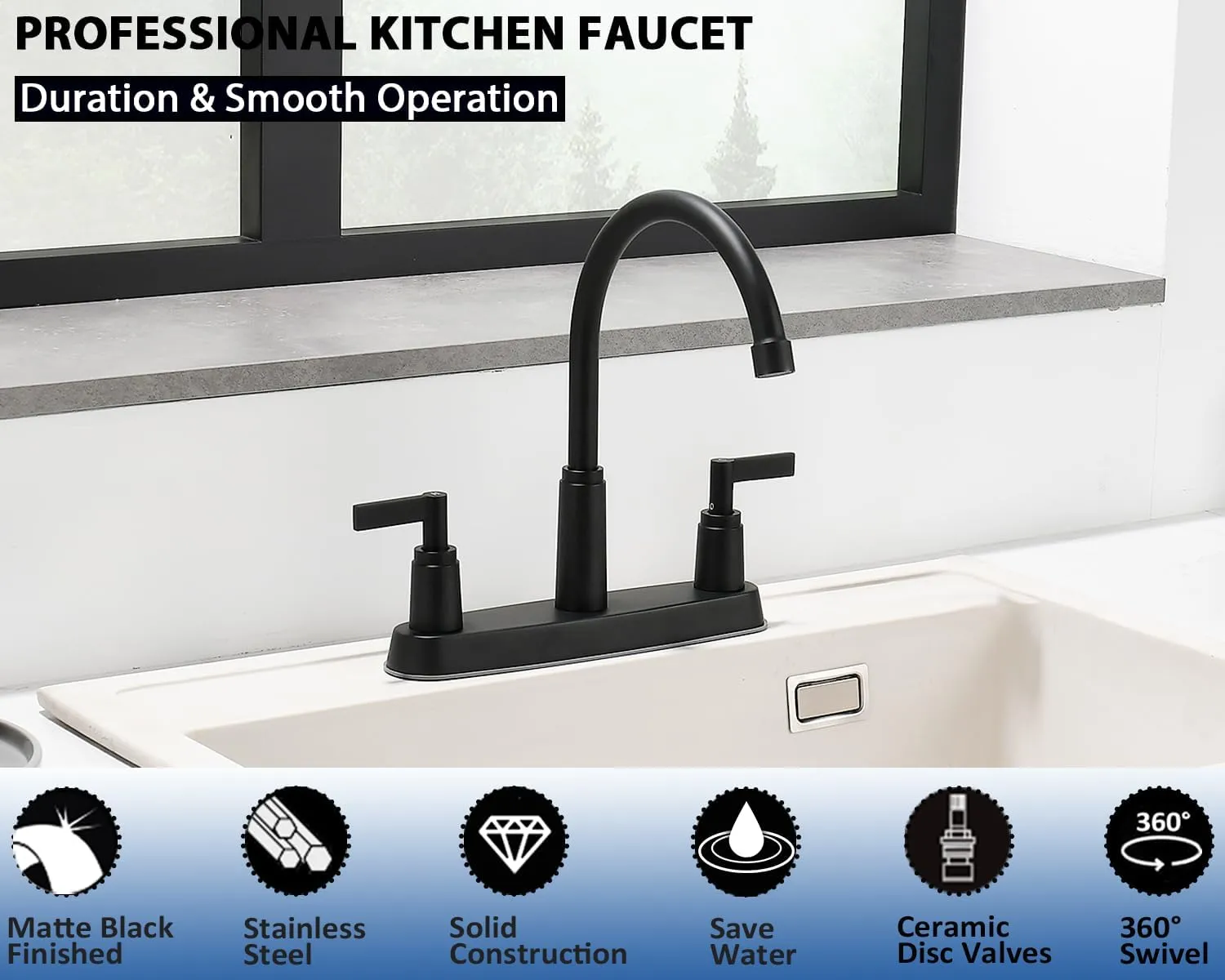 Black Kitchen Faucet,Stainless Steel Kitchen Sink Faucet, 2 Hole or 3 Hole Faucet for Kitchen Sink, Commercial RV Laundry Utility Kitchen Faucet KMF023B-W