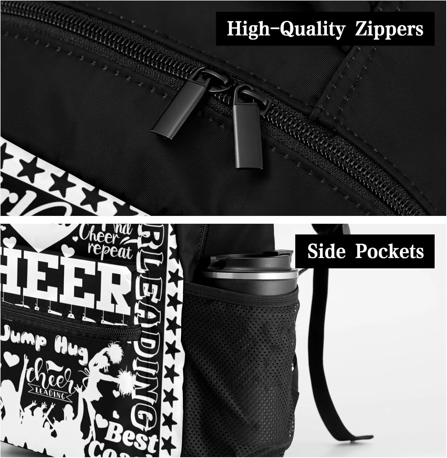 Black White Cheer Pom Girl Star Backpack Personalized Casual Daypack for Kids Child Student Bookbag with 2 Side Pockets Daypack for Men Women